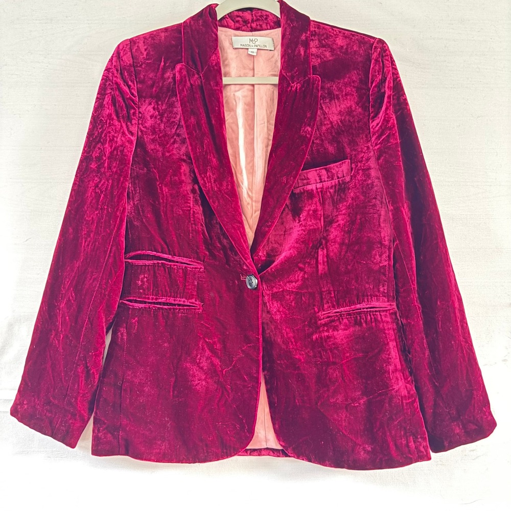 Maison du Papillon Magenta Pink Silk Blend Velvet Single Button Blazer Jacket 10